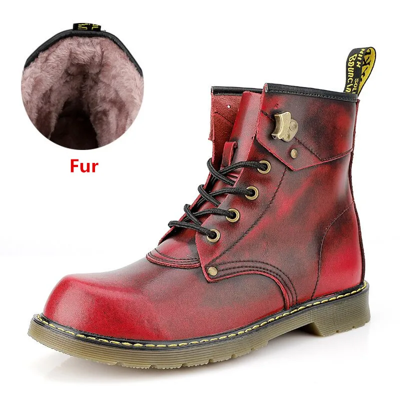 Fur deep red Vancat/брендовые осенне-зимние мотоботы из воловьей кожи с теплым мехом; Мужская обувь для верховой езды; Мужские Зимние ботильоны с высоким берцем - Цвет: Fur deep red