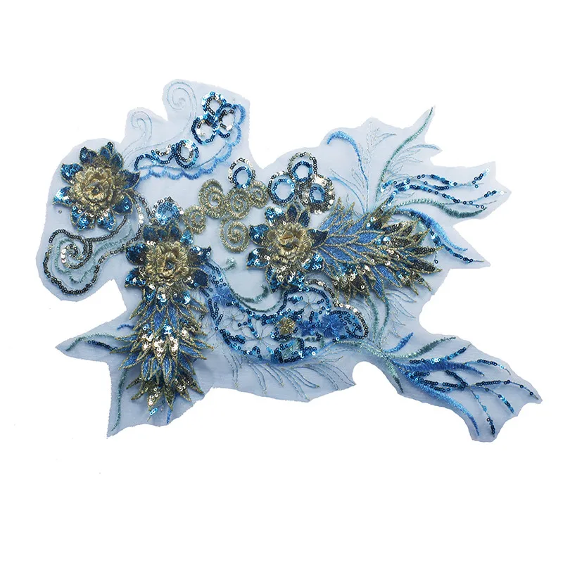 5 шт. 3D блесток цветок голубое золото кружевная вышивка аппликация Pacthes кружева
