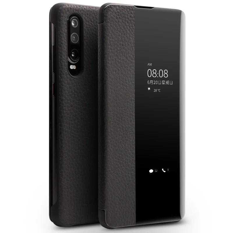 Роскошный флип чехол из натуральной кожи Lichi для Huawei P30 Pro деловой смарт с окошком