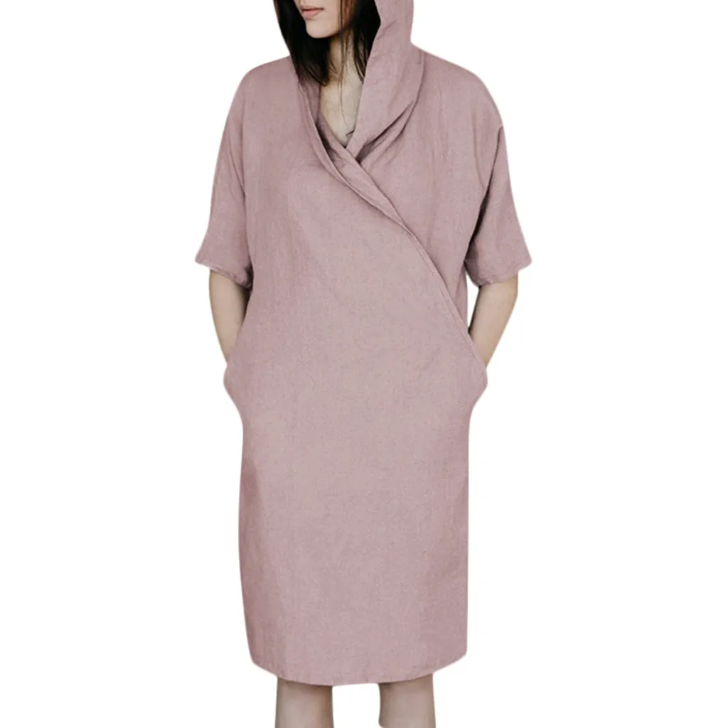 Летнее женское платье 2019 с коротким рукавом из хлопка и льна капюшоном свободные