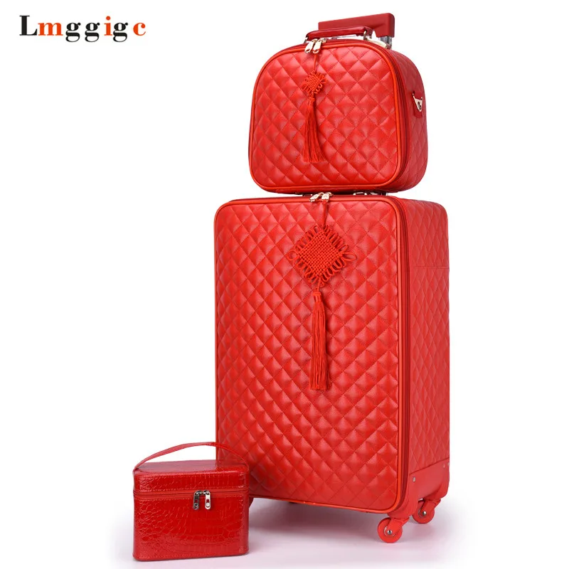 

Women 's Suitcase bag set Travel Rolling Luggage ,Red Waterproof PU leather Bag with Wheel ,20"24" inch New Trolley case