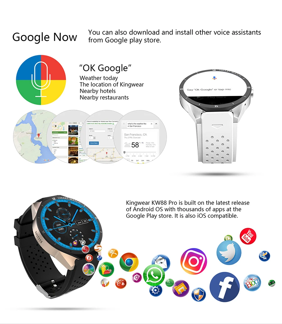 Kospet KW88 PRO 1,3" Bluetooth 4,0 Android 7,0 4 ядра Сенсорный экран 1 Гб оперативной памяти, 16 Гб встроенной памяти, MTK6580 gps Носимых устройств 3g Смарт-часы-телефон