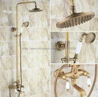 antique brass 8 rainfall shower faucet dual handle wall mount tub spout bath shower mixers handshower brs145