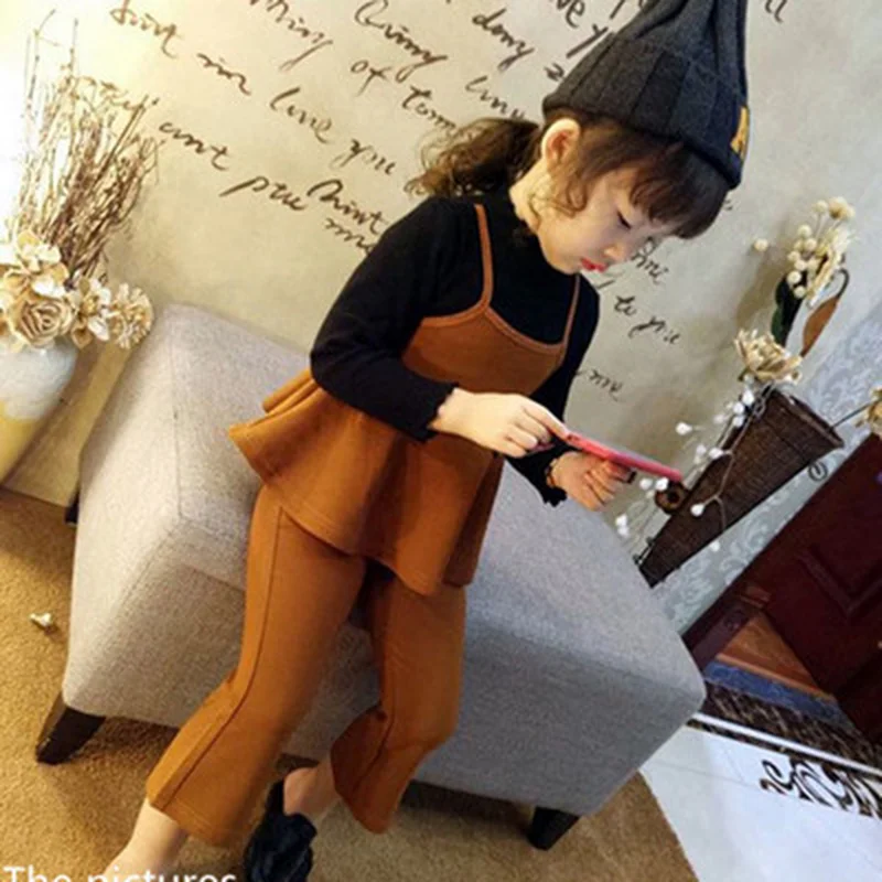 Детская одежда для девочек белая черная имитация двух платьев + брюки костюм из 2