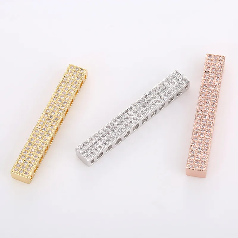 Розовое золото/родий цвет Длинные плоские трубки бусины микро выложенные CZ