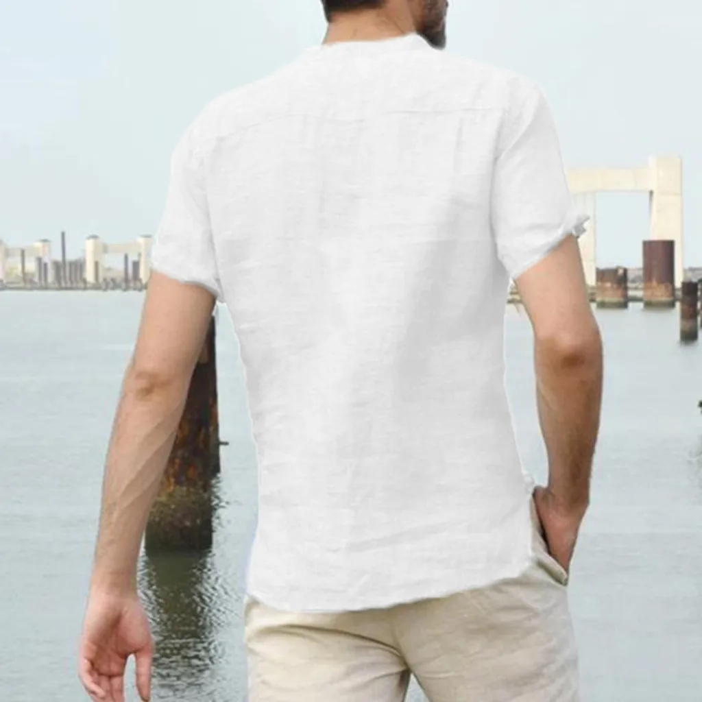 Рубашка мужская хлопково-Льняная однотонная с коротким рукавом Повседневная