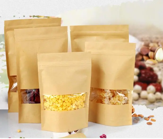 

200pcs Stand Up Pack Pouch Coffee Retro Heat Seal Plastic Kraft Paper Pack Bag With Window Event Craft Paper Sealable Pouch