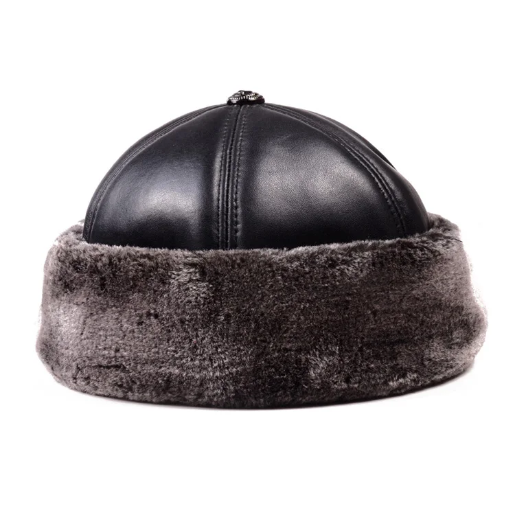 Черный Мужская Натуральная кожа зимняя теплая толстая подкладка Skullcap берет с помпоном круглая шляпа без полей шапки/шапки - Цвет: Черный