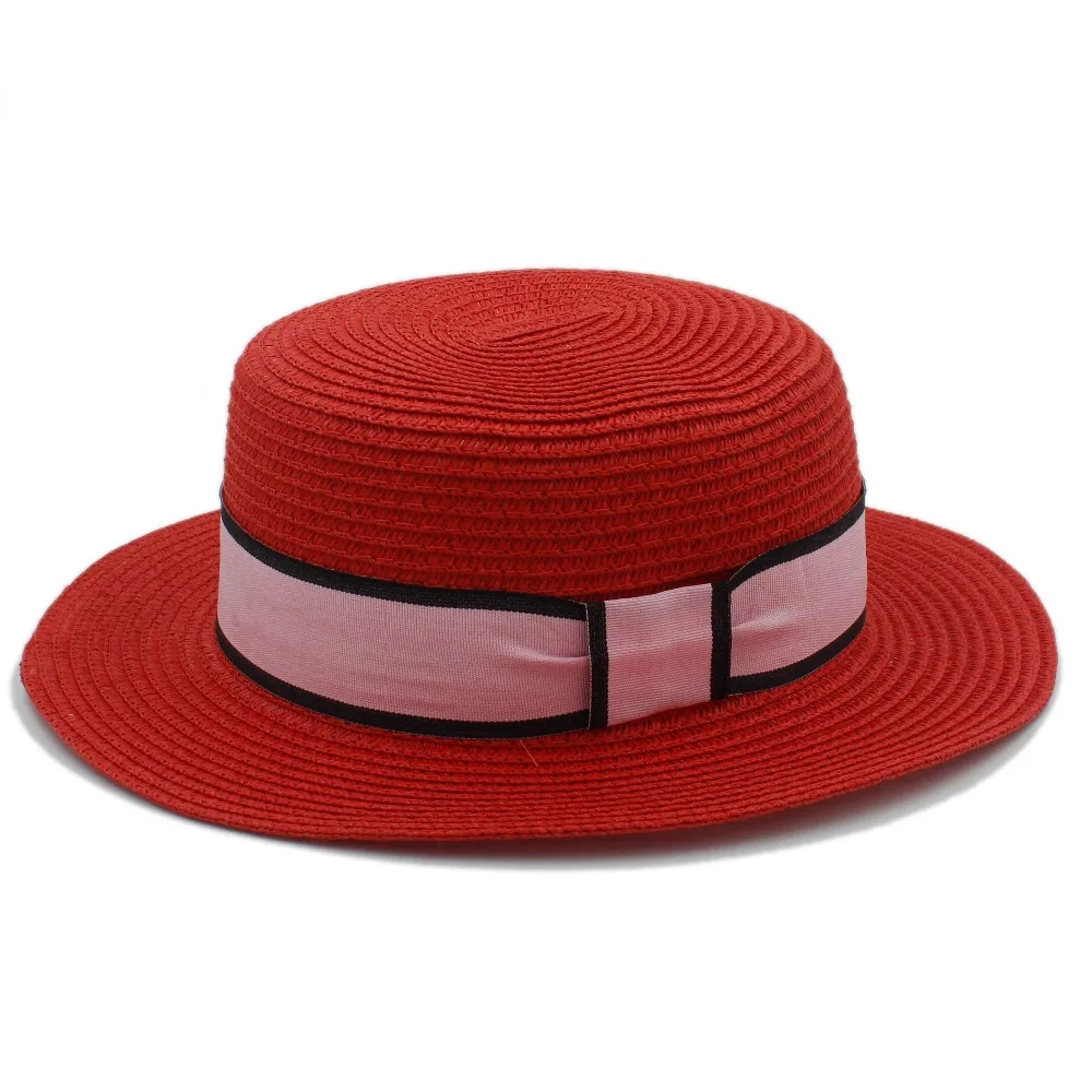 Летняя Соломенная женская шляпа Toquilla с плоским верхом пляжная от солнца розовой