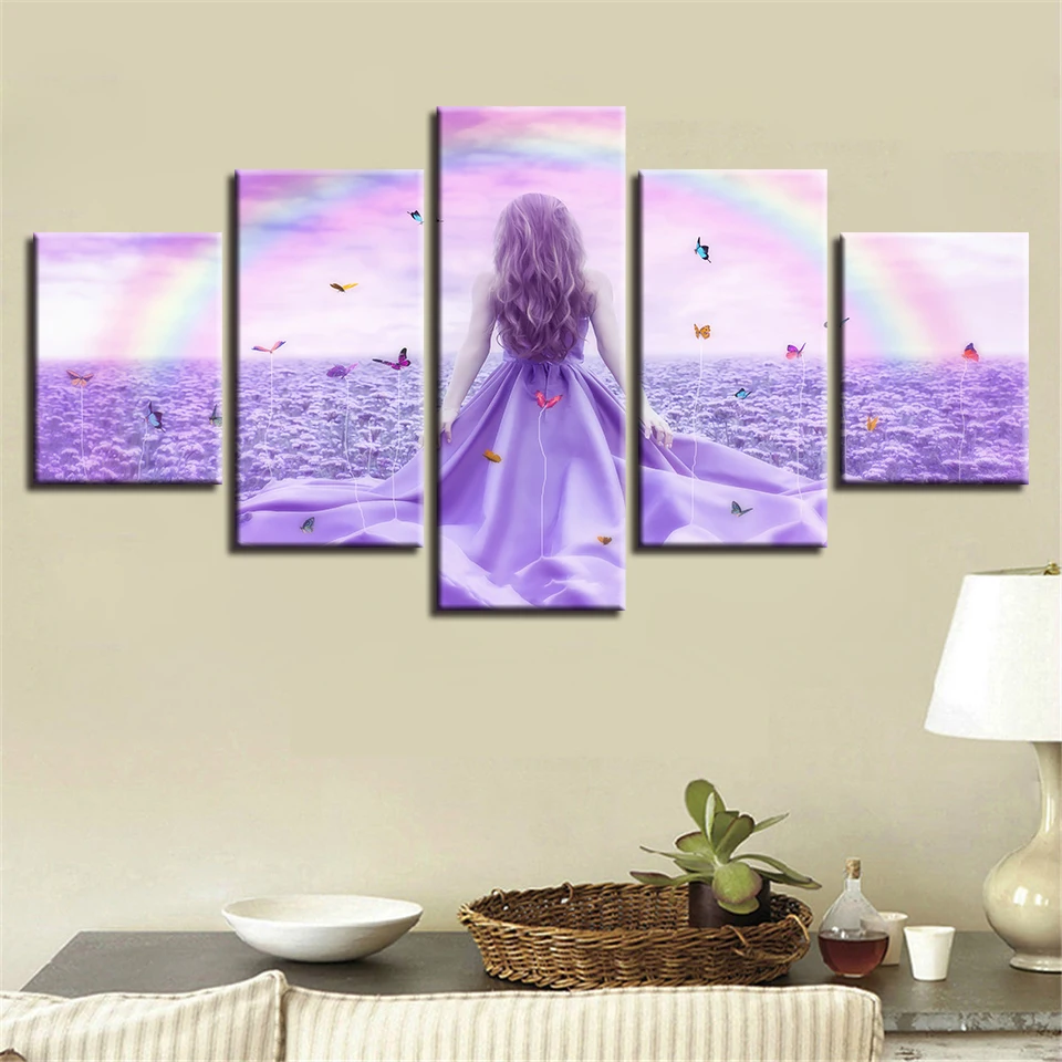Модульная картина из парусины 5 шт. девушка стоит в фиолетовом цветке море и