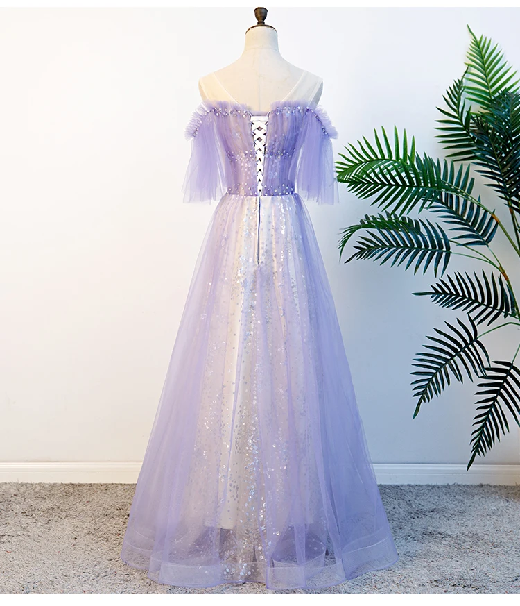 Женское вечернее платье со шнуровкой SSYfashion фиолетовое до пола с глубоким круглым