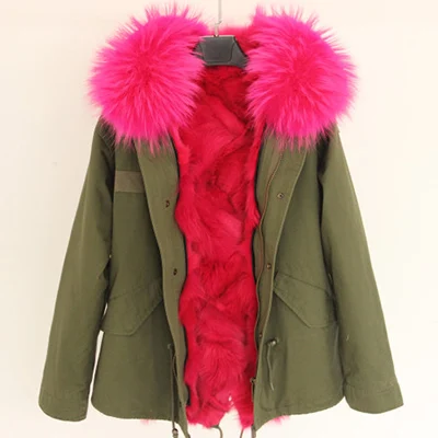 green rose fox fur Зимняя женская куртка, армейская зеленая парка, пальто, настоящий большой воротник из меха енота, подкладка из лисьего меха, верхняя одежда с капюшоном, DHL EMS - Цвет: green rose fox fur