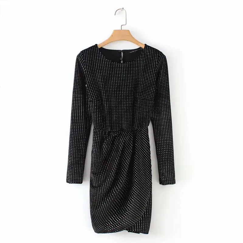 2019 женское модное блестящее черное бархатное платье с длинными рукавами дамское