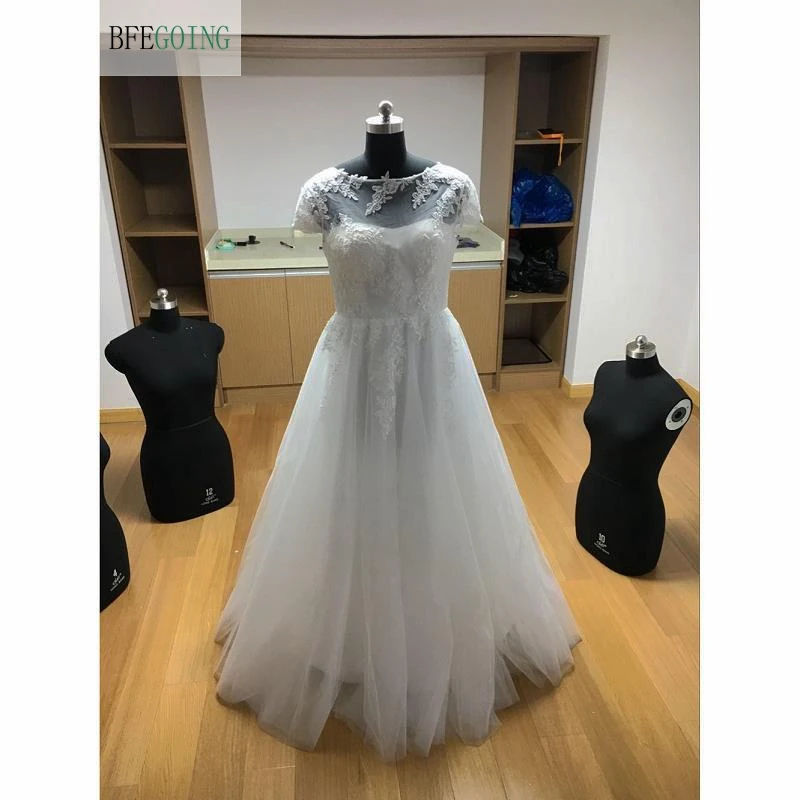 Белое Кружевное сатиновое свадебное платье трапециевидной формы в пол с