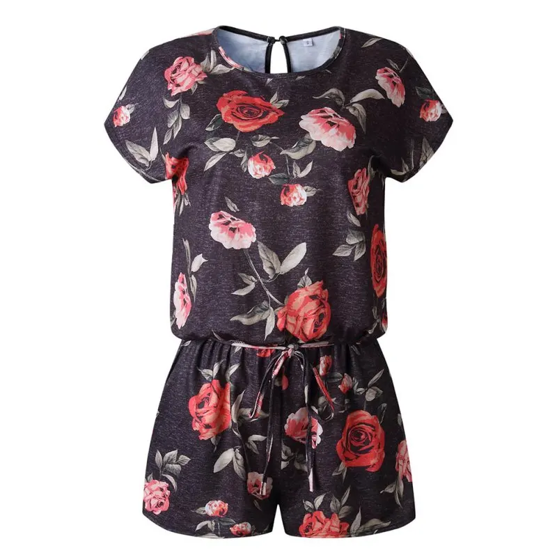 

Floral Short Sleeve Romper Loose Print Jumpsuit Round Collar Jumpsuit