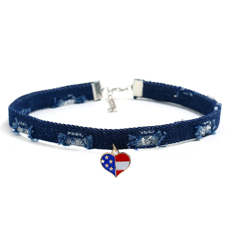 Hot Sale Style Flag of the United States Choker Necklace for Women Girls Gift Simple Star Heart Pendant Jean Chain Neck | Украшения и
