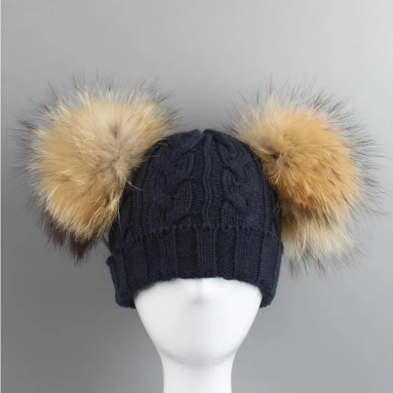 kids navy Которая в душе женская зимняя шапка для девочек с меховым шар-помпон модный родитель-ребенок двойной настоящий помпон из меха енота вязаная шапка - Цвет: kids navy