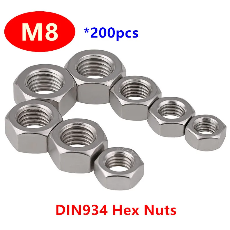 

200pcs Metric thread DIN934 M8 Hex Nuts 304 Stainless steel A2-70 Hexagon Nuts