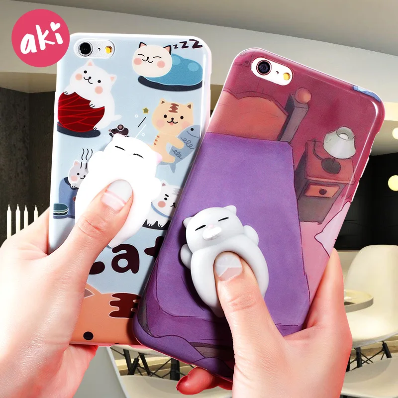 AKI Squishy Mobile Phone Cases for iPhone 7 8 Plus Case Kitty Panda Cat Lovely Soft Back Cover 6 6s |