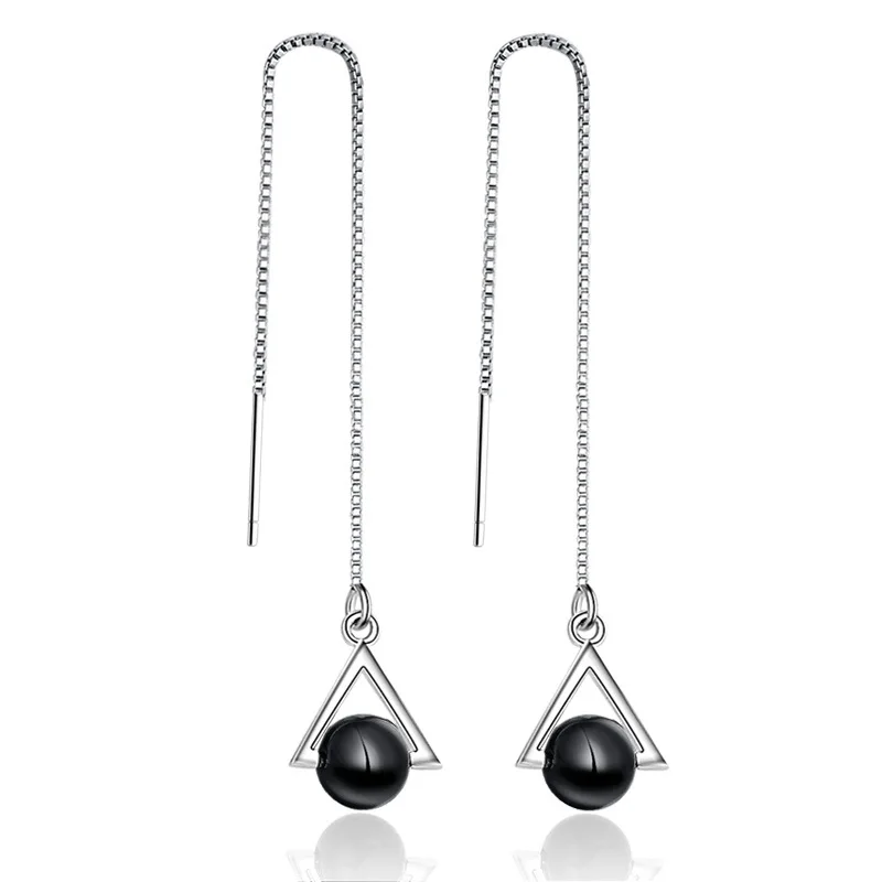 

100% 925 sterling silver fashion black rhinestone Triangle ladies`long tassels drop earrings jewelry women gift wholesale