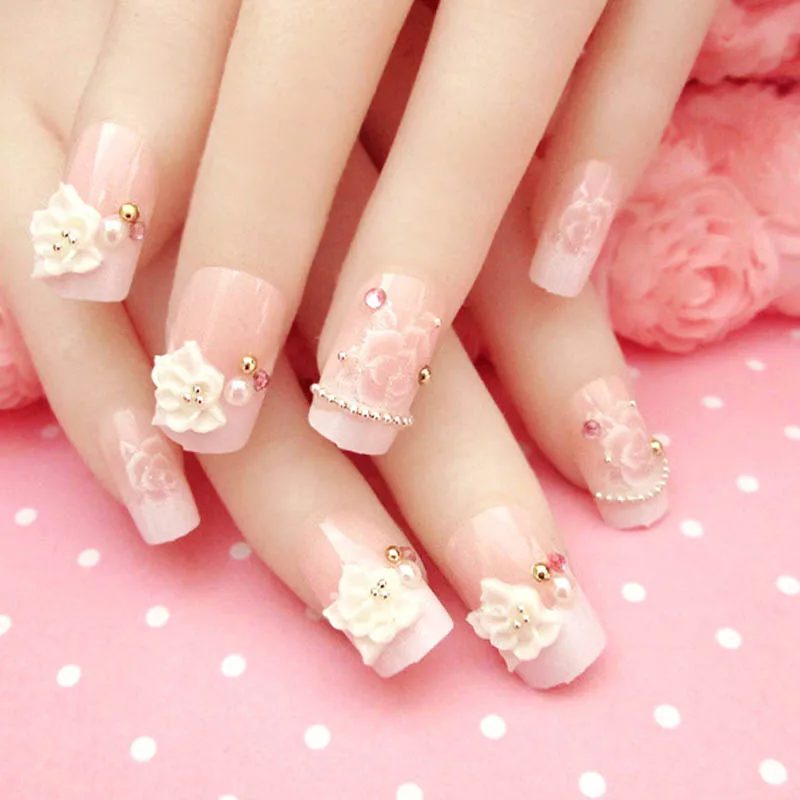 24 шт./компл. Полный накладные ногти с резиновыми полосками продается 3D цветы