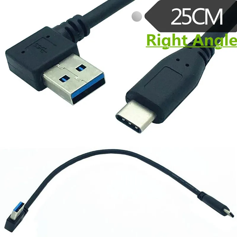 

90 degree Left Right Angle USB 3.0 Male to USB3.1 Type-C Male USB Data Sync Charge Cable Connector Black 0.25m 25cm