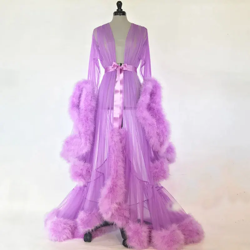 Lavender Mingli Tengda, свадебное платье, фиолетовое перо, свадебное Прозрачное платье, тюль, иллюзия, длинное свадебное платье для вечеринки, пуховое платье, костюм, плащ - Цвет: Lavender