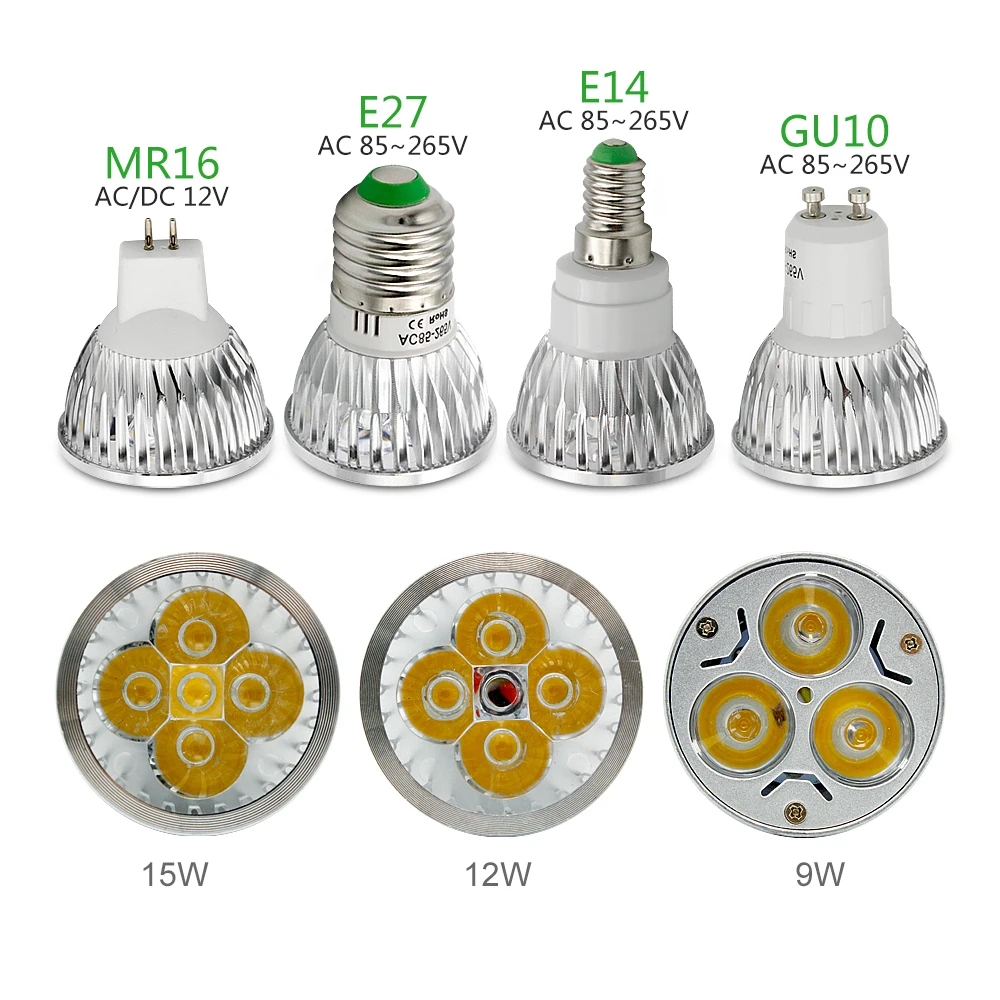 9 Вт 12 Вт 15 Вт GU10 E27 E14 85-265 в светодиодный прожектор MR16 AC DC 12 В электрическая лампочка с регулируемой яркостью люстры заменить 20 Вт 30 Вт 40 Вт галогенная лампа