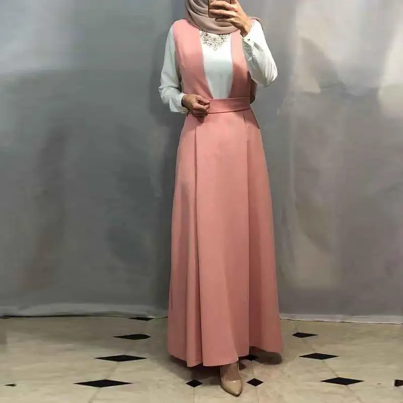 Pink strap Dress Vestidos Arabes Elegantes, летняя абайя, мусульманский кафтан, Дубай, ислам, кафтан на бретелях, платье для женщин, Рамадан, Elbise, Sukienki, Eid Robe Femme - Цвет: Pink strap Dress