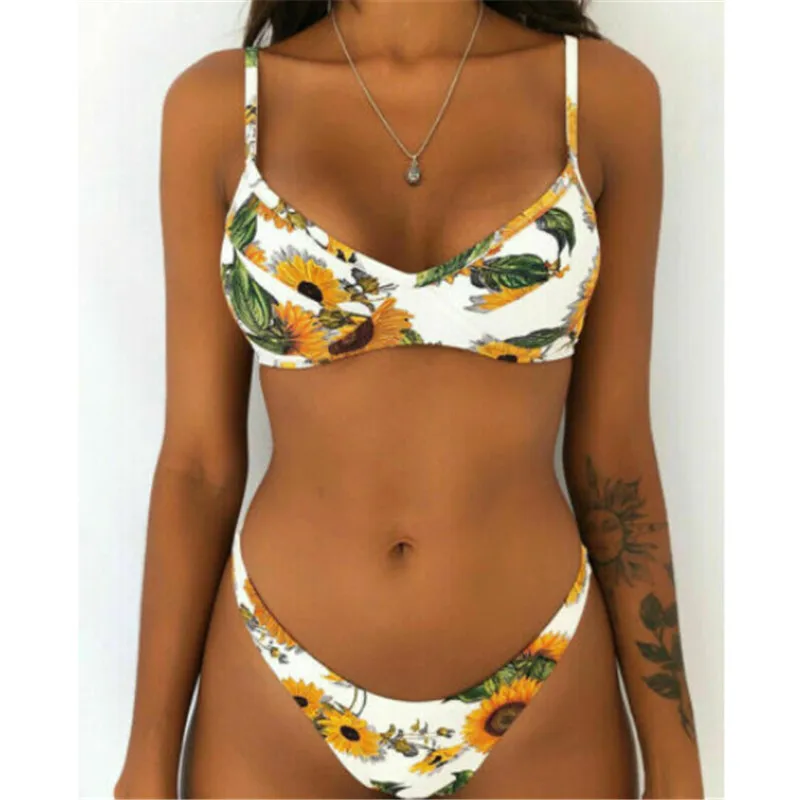 Купальник-бикини пуш-ап Женский с принтом листьев летний |