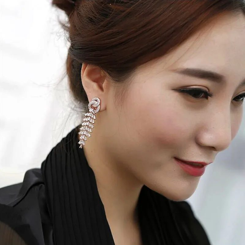 Новинка 2017 сверкающие Роскошные серьги невесты с покрытием из розового золота