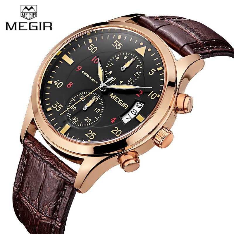 Мужские часы MEGIR Pilot с хронографом спортивные кожаные золотые наручные армейские