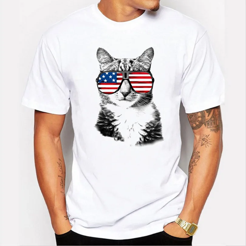 Мода американский флаг очки cat печатных Для мужчин футболка короткий рукав