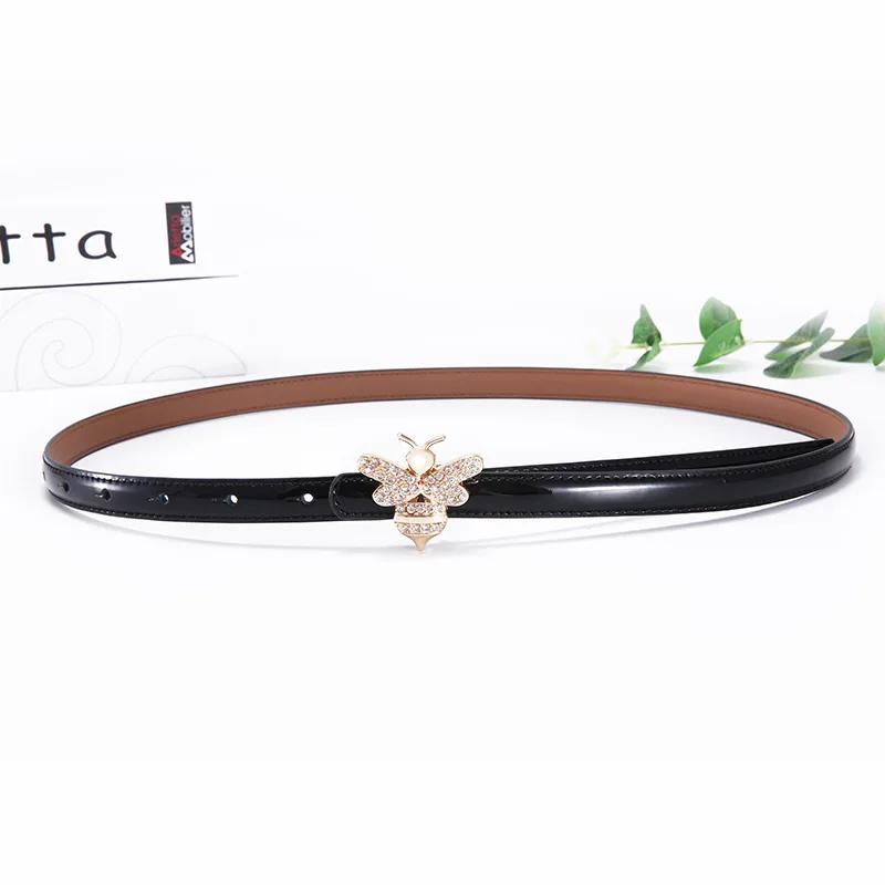 gold buckle black Брендовые дизайнерские тонкие ремни из натуральной кожи для женщин модные стразы пряжка в виде пчелы платье ремень женский Высокое качество Роскошный ремень - Цвет: gold buckle black