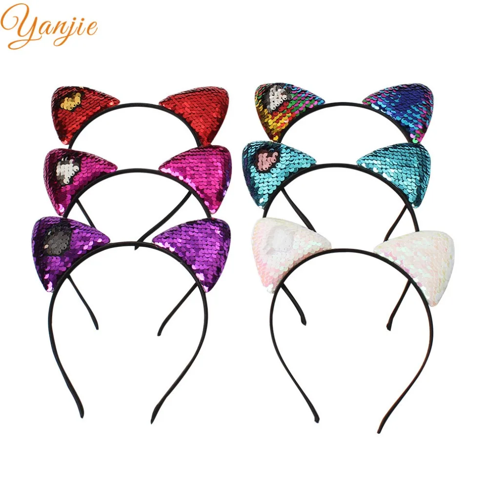 210 шт./лот Реверсивный блесток с украшением в виде кошачьих ушек повязка на голову
