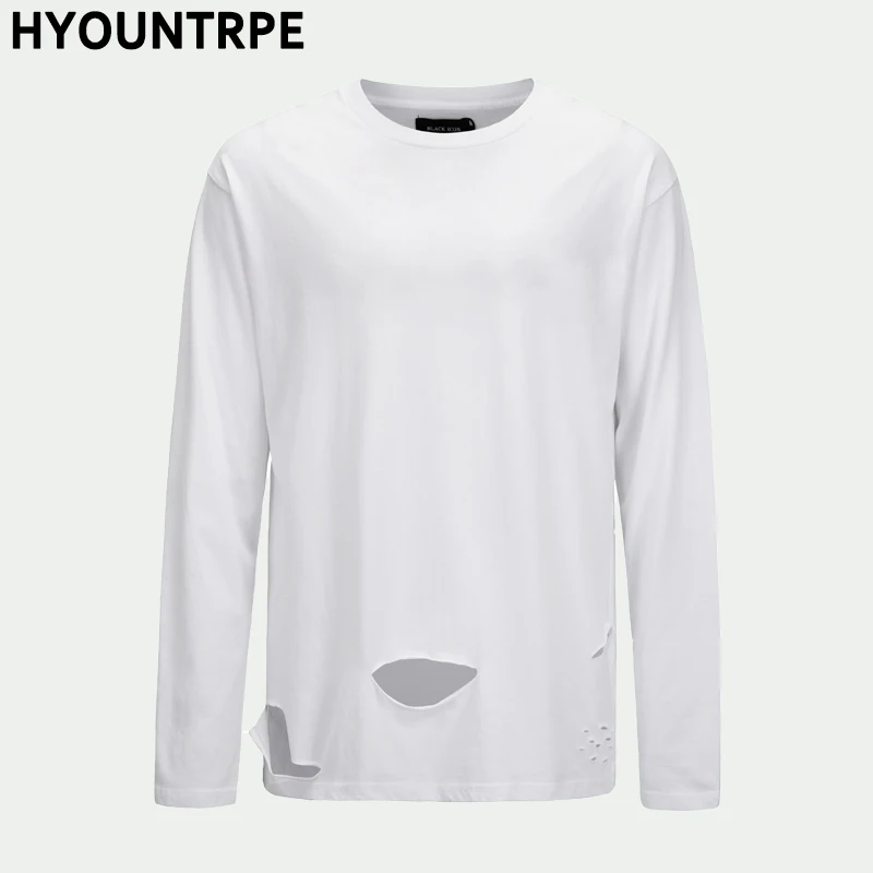 

Mens Hip Hop Ripped Holes Hoodies O-Neck Long Sleeve T-shirts Pullover New Solid Color High Street Casual Loose Tops Sweatshirts