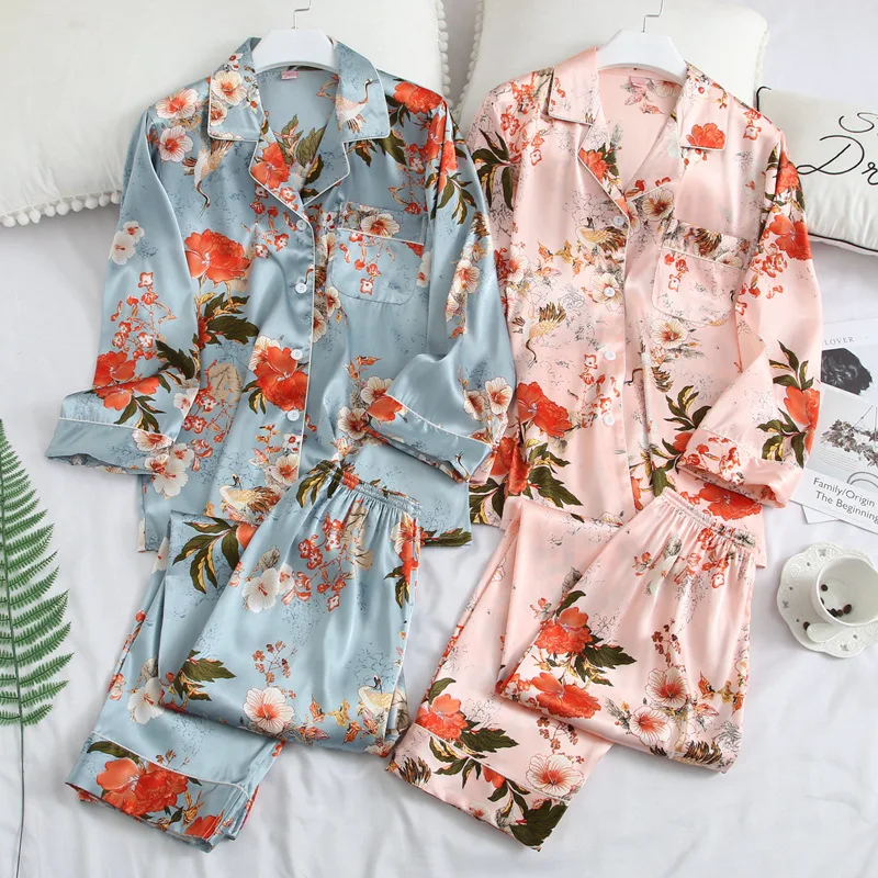 Sexy Women pajamas set Satin Sleepwear Pijamas Silk Feeling Long Sleeve Flower Print Pajamas Sets for Pijama Feminino | Женская одежда