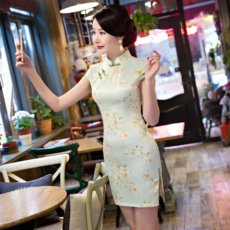 NORIVIIQ тяжелый шелк Cheongsam китайское традиционное платье короткий параграф тонкий