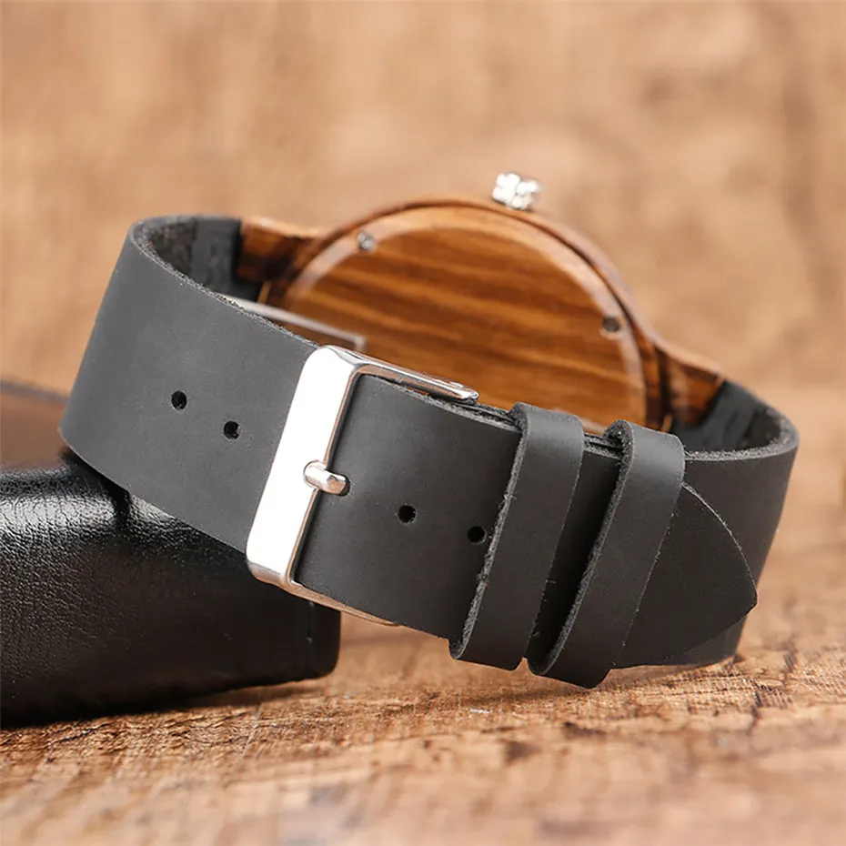 Лидер продаж деревянный часы мужские черные из натуральной кожи ремешок природа
