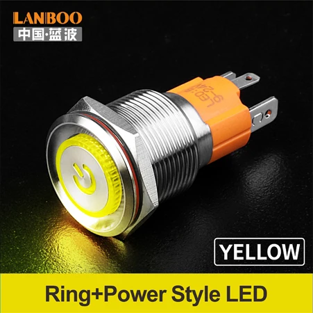 Lanboo 19 мм 10A высокого тока с плоской головкой 3 pin кнопочный переключатель с защитой от повреждений и кольцом led и символ - Цвет: Yellow LED Power