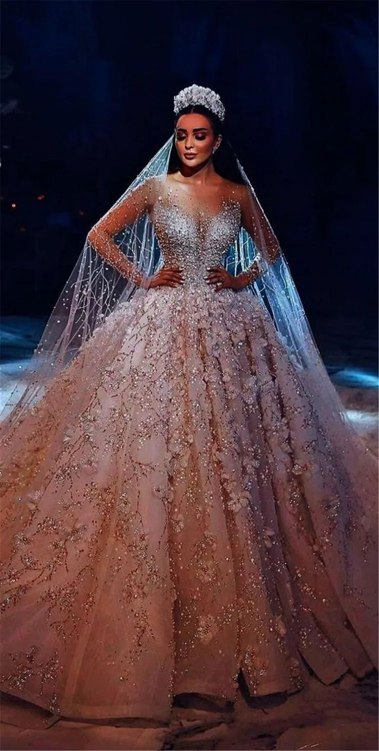 Dubai Luxury Wedding Dresses Unique Lace Party Dresses Luxury Cathedral Royal Train Lace Vestido De Noiva SWL014 Bridal Gown