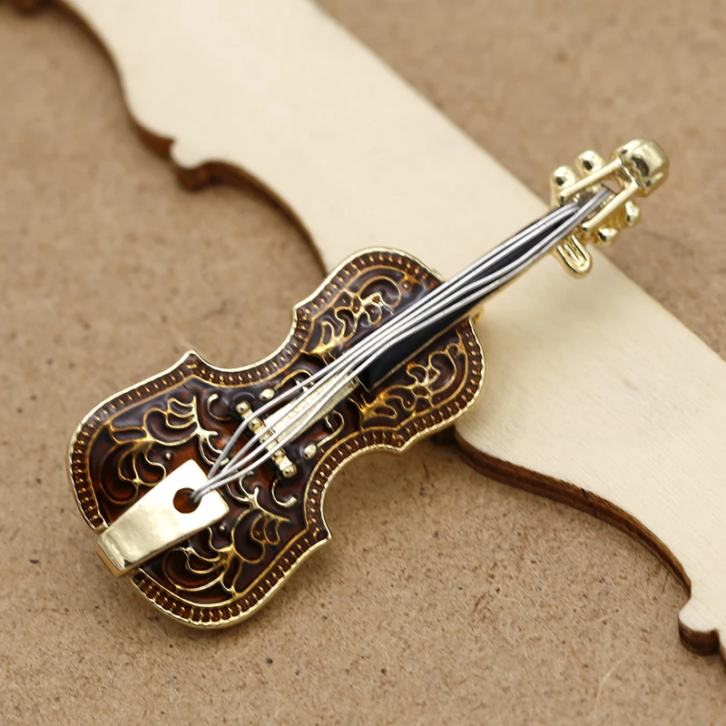 Amorcome Elegant Violin Shaped Enamel Brooches For Women Party Wedding Musical Instruments Gold Color Metal Pin Brooch Jewelry