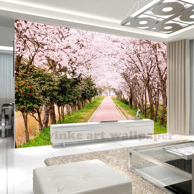 Настенные 3d обои в стиле кантри с изображением розовых цветков вишни