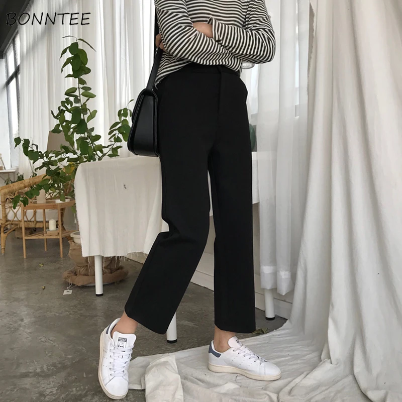 Женские прямые брюки в Корейском стиле с высокой талией ретро однотонные для