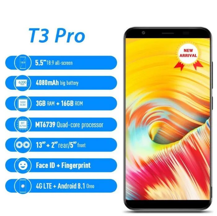 VERNEE T3 PRO 5 дюйма 18:9 полный Дисплей Face ID 4G смартфон MT6739 4 ядра + 3 GB 16 Android 8 1 13MP двойной