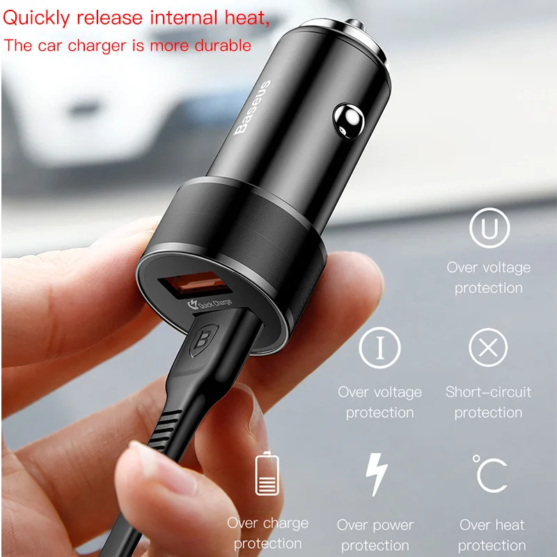 Baseus 36 Вт двойной USB Quick Charge QC 3,0 Автомобильное зарядное устройство для iPhone usb type-C PD быстрое зарядное устройство для мобильного телефона быстрое зарядное устройство автомобильное зарядное устройство