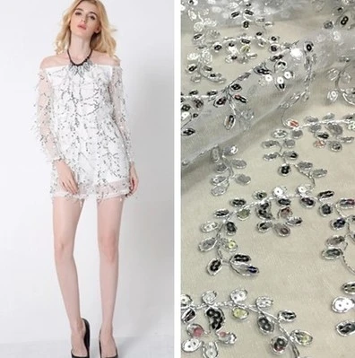 

High - grade Silver Thread Sequin Mesh Yarn Lace Embroidery Skirt Fabrics