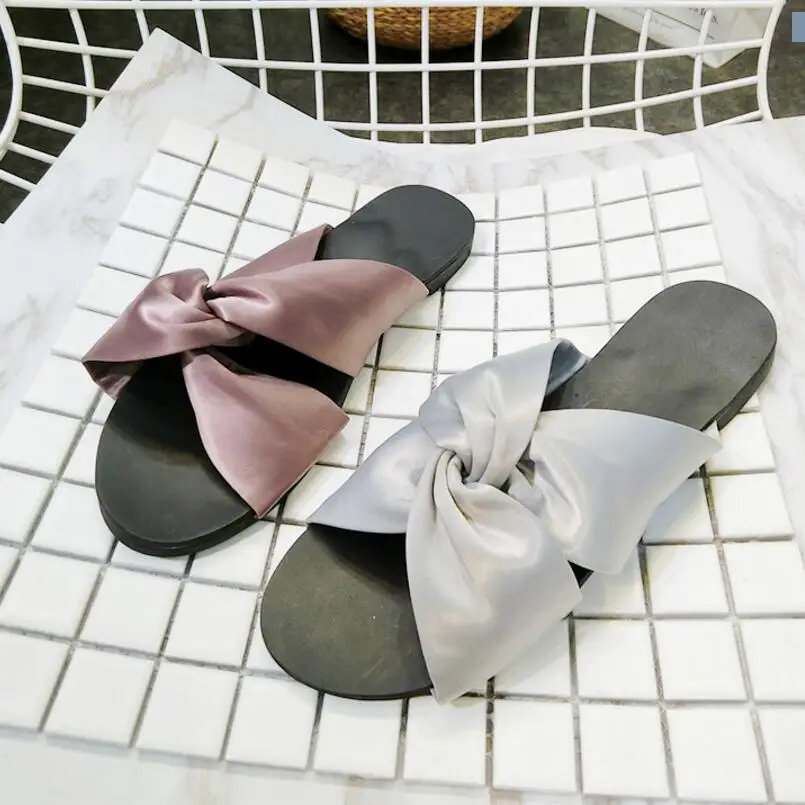 big bow-knot silk slippers women riband cross band flat sandals candy color beach shoes brand designer espadrilles y694 | Обувь