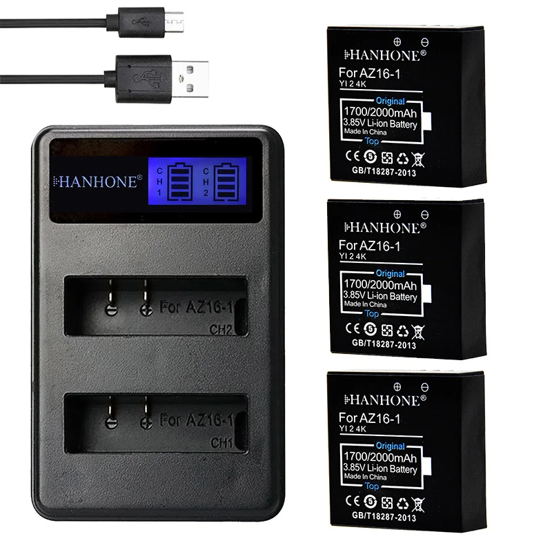 3x1700 мАч AZ16-1 AZ16-2 батарея+ светодиодный USB 2 слота зарядное устройство для Xiaomi YI 4K 4K+ Yi Lite YI 360 VR действие не обнаружения Версия