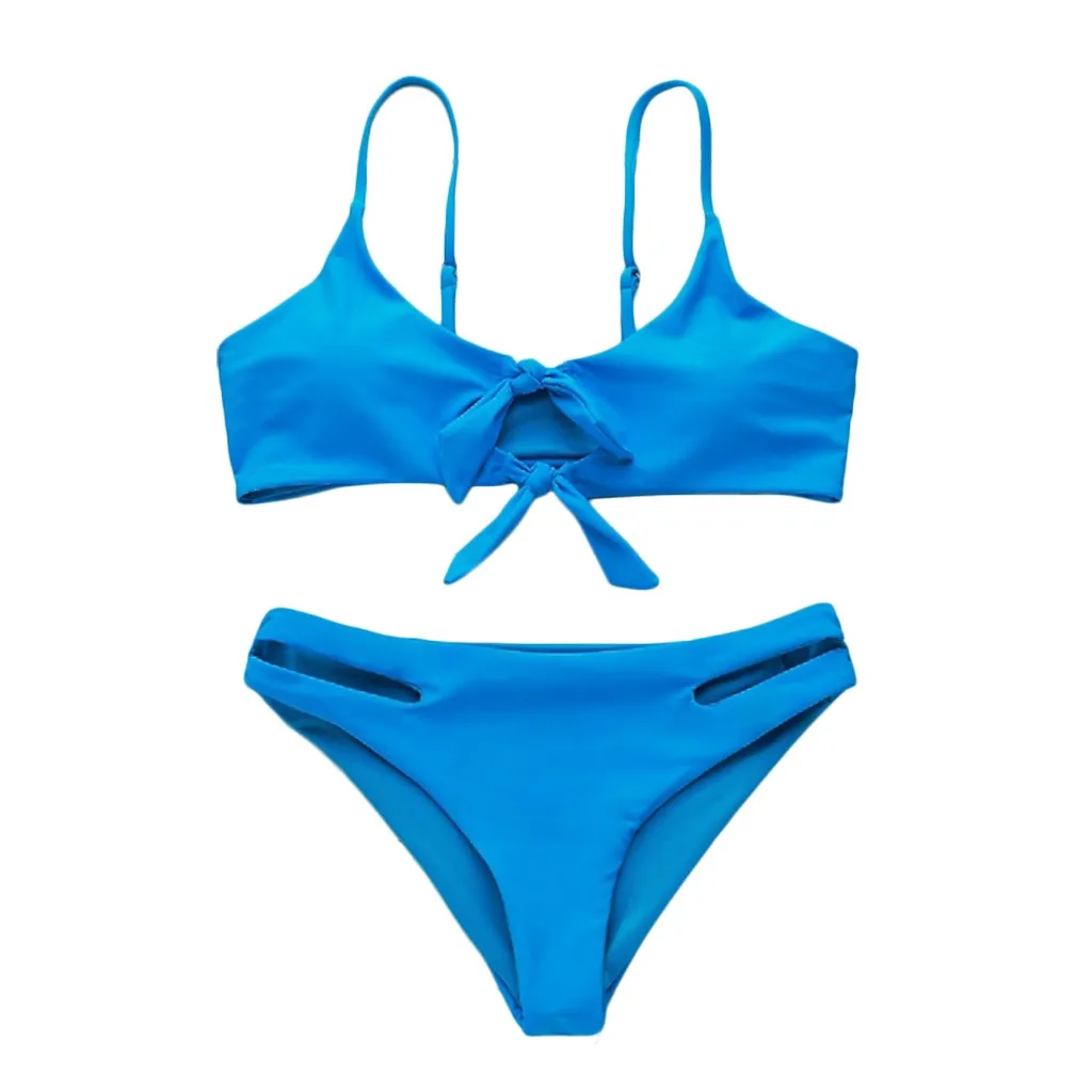 Женский купальник бикини с бантиком SAGACE голубой однотонный подкладкой из двух